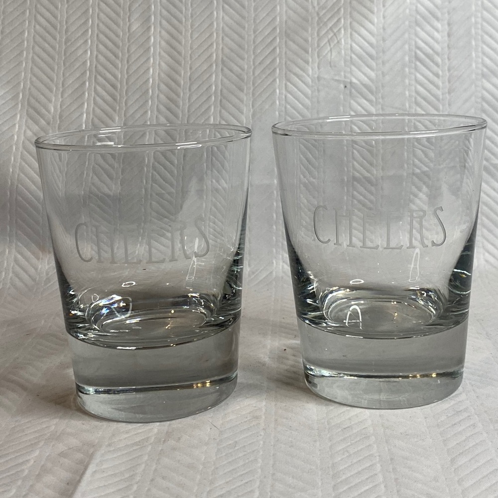 Pair heavy scotch glasses CHEERS etched.
